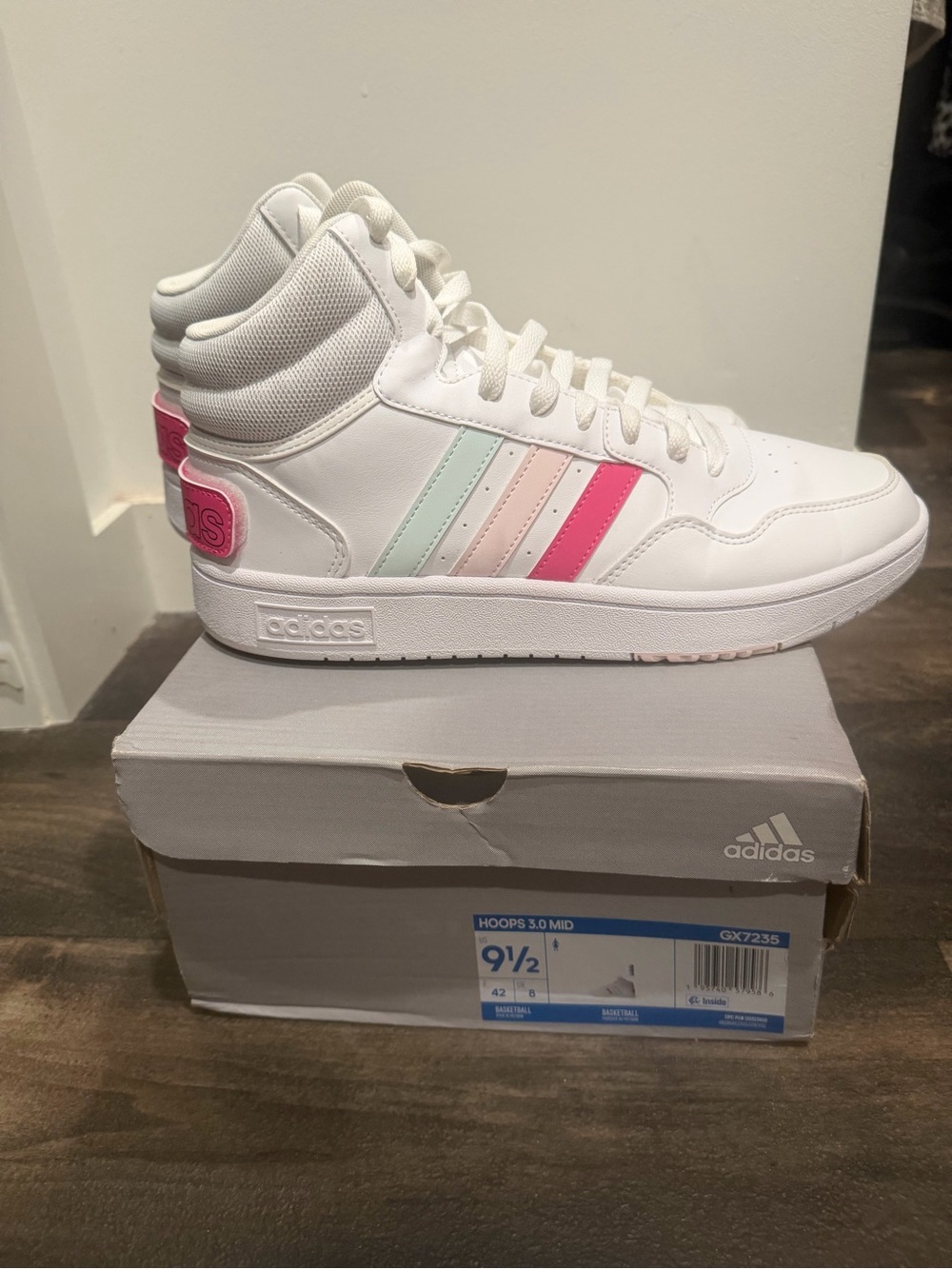 adidas women’s White High-Top Sneakers with Pink & Pastel Stripes